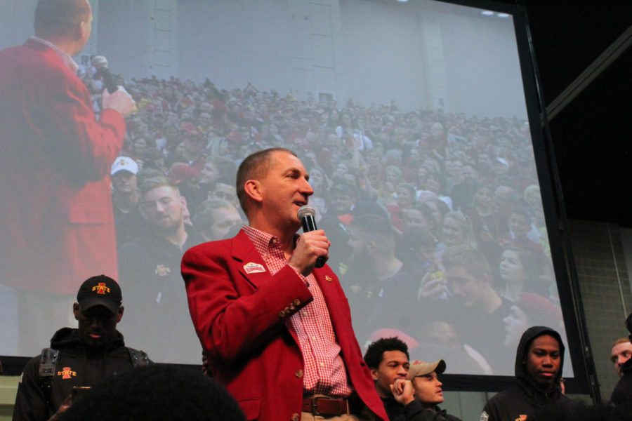 Iowa State Athletic Director Jamie Pollard speaks to the crowd at the pep rally on Dec. 27, 2018.