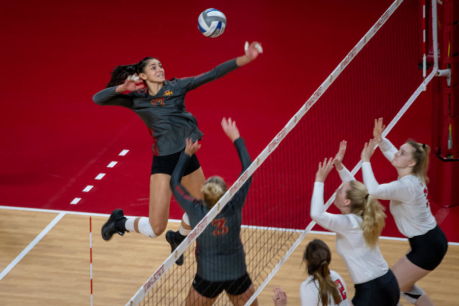 Iowa State senior middle blocker Candelaria Herrera going for a kill in the match against Texas Tech on Oct. 3. Texas Tech beat Iowa State 3-1.