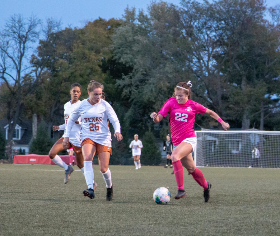 Senior forward Courtney Powell dribbles the ball towards the box against the Longhorns. The Cyclones fell 1-0 to the conference rivals on Friday night.