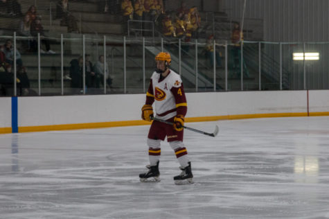 Defenseman Max Olson stands at the point against Central Oklahoma on Feb. 1, 2020.