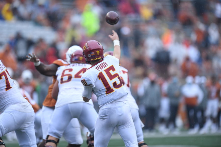 Iowa State junior quarterback Brock Purdy throws a pass against the University of Texas on Nov. 27 in Austin, Texas.