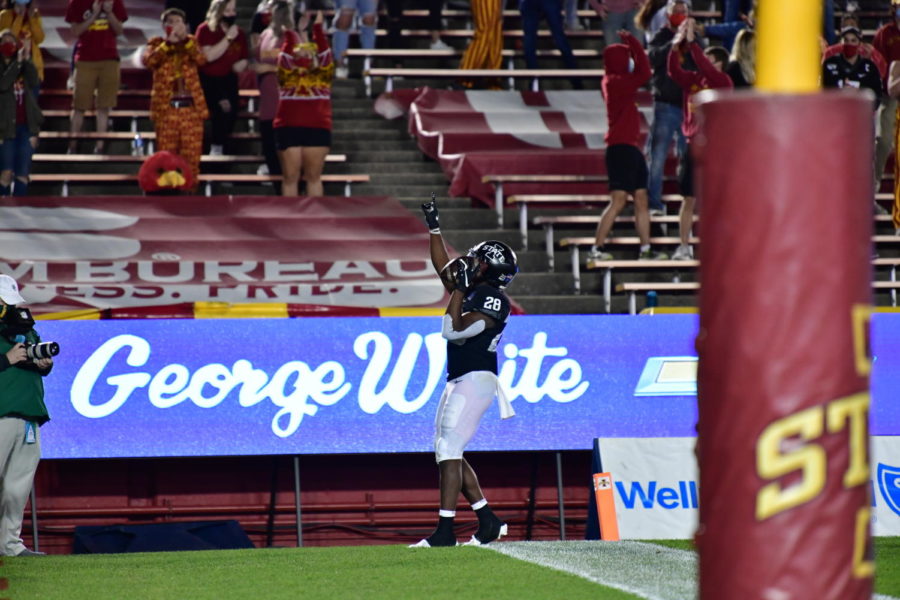 Iowa State running back Breece Hall celebrates after a touchdown run against Baylor. Hall ended with 133 rushing yards, two rushing touchdowns and a receiving touchdown in Iowa States 38-31 win. 
