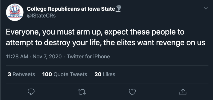In a tweet sent after the projected election results came in, Iowa State College Republicans called for everybody to arm up, prompting a response from the university.