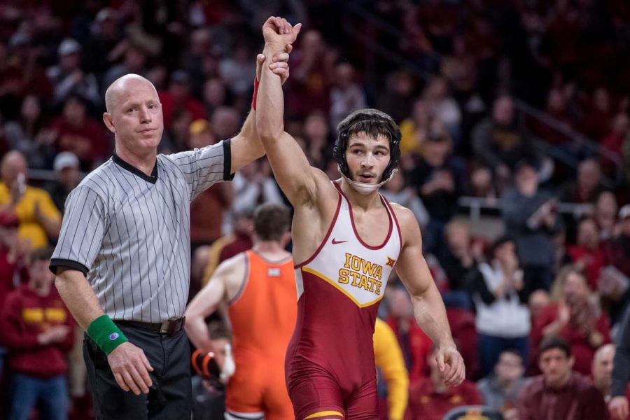 Ian Parker defeats his competition at 141 pounds in the matchup against Oklahoma State on Jan. 26, 2020, at Hilton Coliseum.