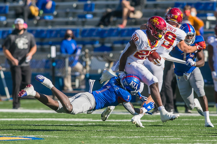 Iowa State running back Breece Hall breaks a tackle against Kansas on Oct. 31. Hall finished with 185 yards and a touchdown in Iowa States 52-22 win.