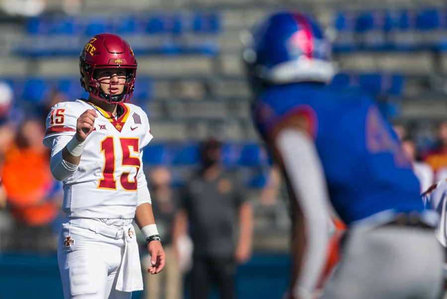 Iowa State quarterback Brock Purdy surveys the Kansas Jayhawks defense Oct. 31. Purdy threw for two touchdowns and ran in for a score in Iowa States 52-22 win.