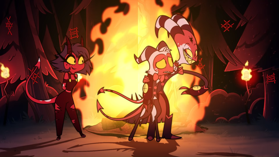 Characters Millie (left), Moxxie (center) and Blitzo (right) as they appear in the second episode of Helluva Boss.