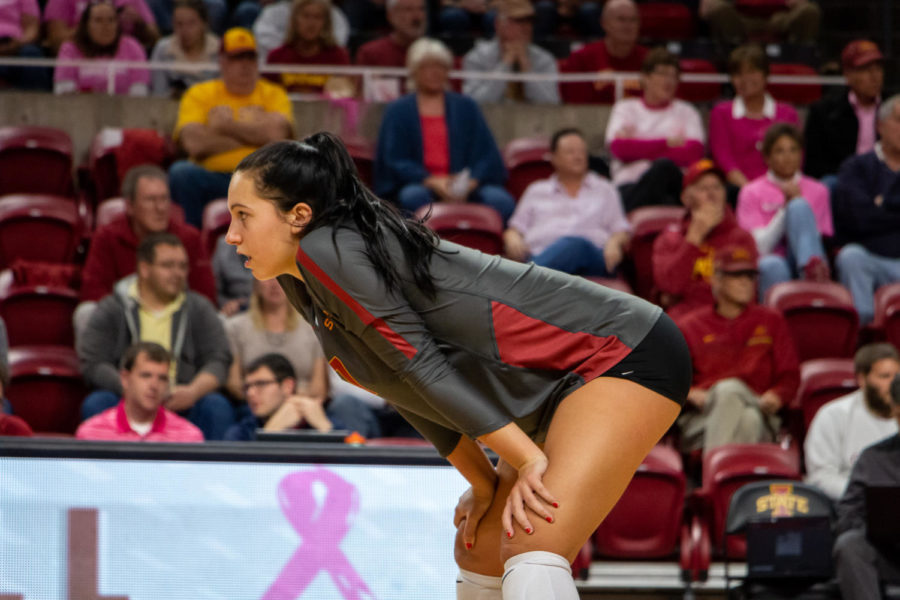 Then-Junior libero Izzy Enna prepares for a serve from TCU on October 17, 2019 in Hilton Coliseum. 