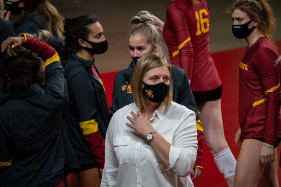 Iowa State Head Coach Christy Johnson-Lynch after meeting with her team in a timeout Oct. 24. No. 2 Baylor beat Iowa State 3-0.