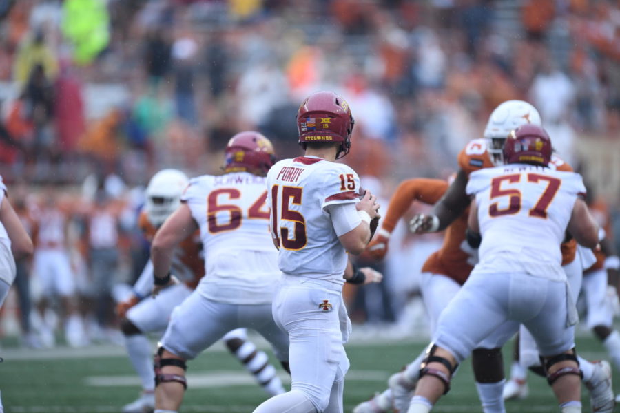 Iowa State quarterback Brock Purdy (No.15) stands in the pocket against the University of Texas in Austin, Texas, on Nov 27.