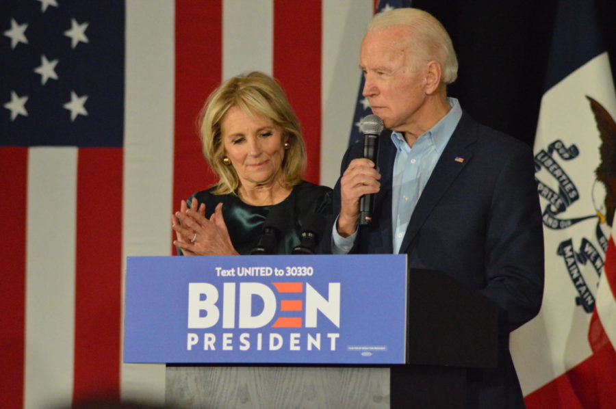 President Joe Biden and First Lady Jill Biden speak to supporters Feb. 3 in Des Moines after the Iowa Democratic caucuses. 