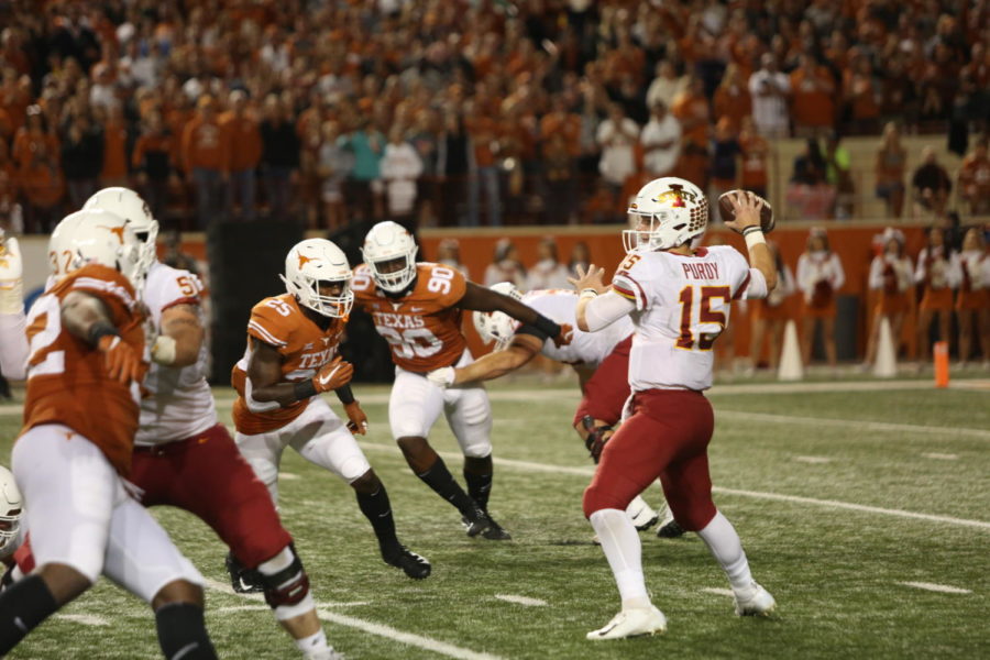 Then freshman Iowa State quarterback Brock Purdy attempts a pass against the University of Texas on Nov 17, 2018 in Arlington, Texas. (Courtesy of Daily Texan)