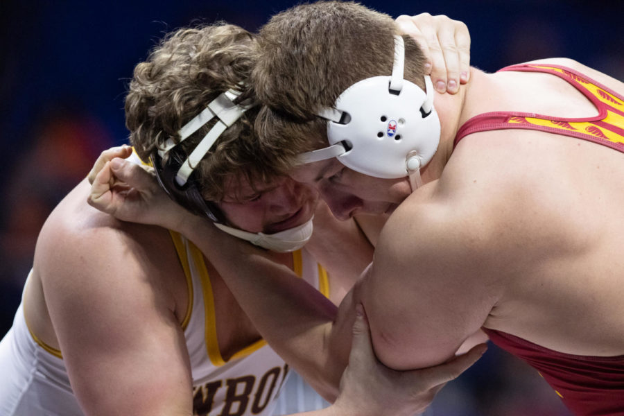 Iowa States Gannon Gremmel wrestles Wyomings Brian Andrews in their heavyweight championship match on March 8, 2020 at the Big 12 Championships inside the Bank of Oklahoma Center in Tulsa.