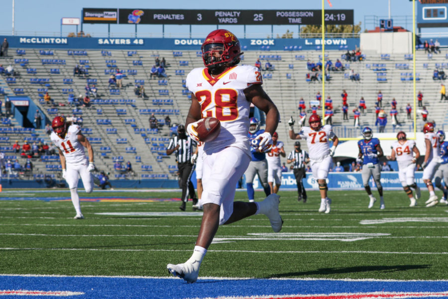 Iowa State Cyclones running back Breece Hall crosses the goal line at the end of a 58-yard touchdown run in the fourth quarter against the Kansas Jayhawks on Oct. 31 at Memorial Stadium in Lawrence, Kansas.