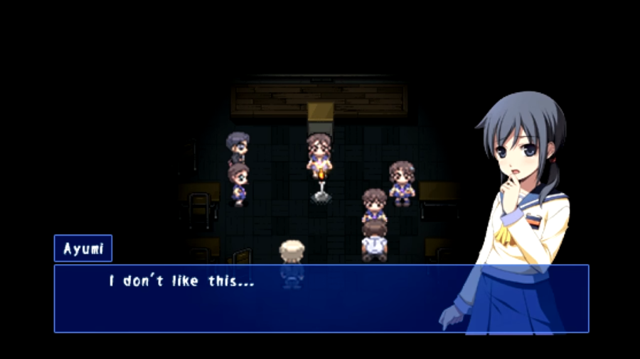 A visual example of how characters and their speech boxes appear in the Corpse Party video game series.