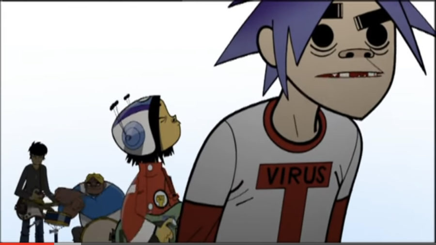 The members of Gorillaz as they appeared in the music video for Clint Eastwood, a song on their debut album in 2001.
