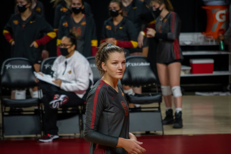 Outside Hitter Annie Hatch stands ready against Texas Tech on Oct. 3, 2020 at Hilton Coliseum. 