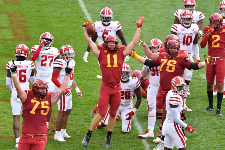 Players+from+Iowa+State+celebrate+a+touchdown+that+wasnt+ruled+a+touchdown+during+the+first+half+against+Louisiana+on+Sept.+12.