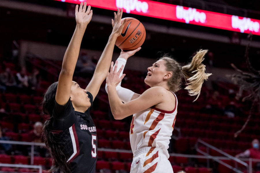 Iowa State junior Ashley Joens goes up for a floater against South Carolina on Dec. 6 at Hilton Coliseum. Joens ended the game with 32 points.