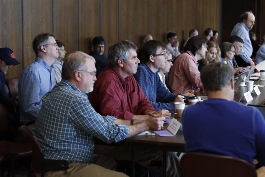 The Faculty Senate hosts a meeting April 23, 2019, in the Sun Room of the Memorial Union. Senate members discuss the workday update, annual promotion and the tenure report.