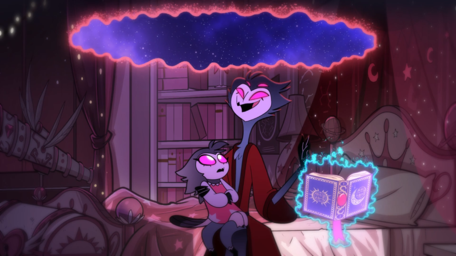 Stolas and his daughter Octavia at the beginning of Loo Loo Land, the second episode of Vivienne Medranos Helluva Boss series.