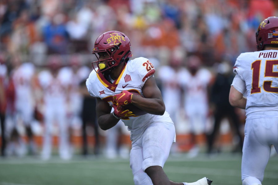 Iowa State running back Breece Hall rushes against the University of Texas on Nov. 27, 2020, in Austin, Texas.