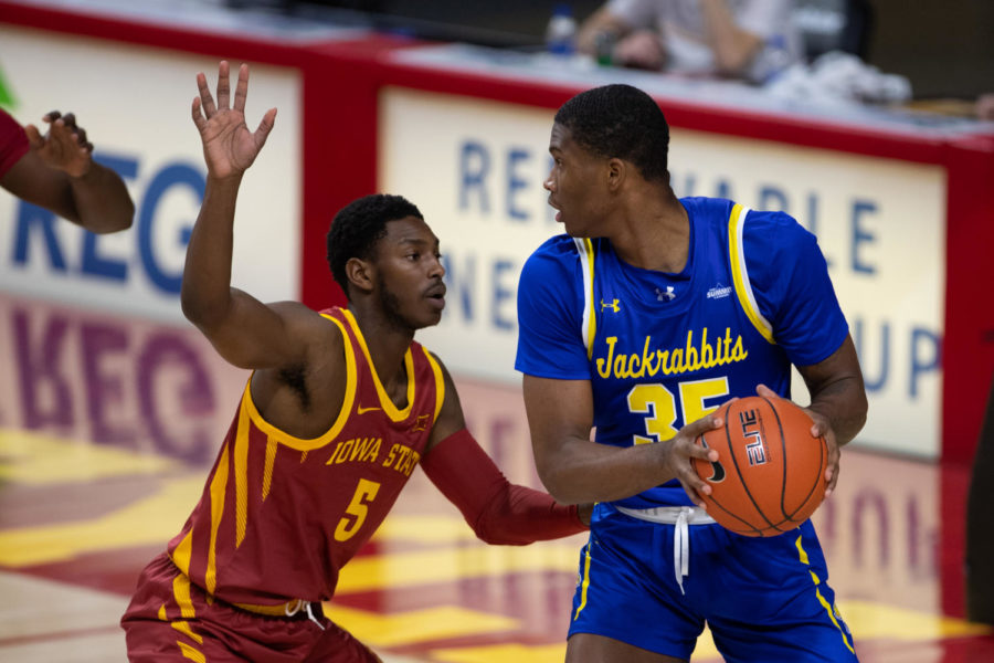 Iowa State guard Jalen Coleman-Lands guards a South Dakota State player on Dec 2 in Hilton Coliseum. Coleman-Lands scored 12 points in the 71-68 loss.