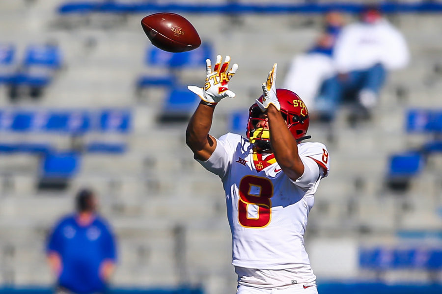 Iowa State wide receiver Xavier Hutchinson hauls in a catch against Kansas on Oct. 31. Hutchinson finished with 87 yards and a touchdown in Iowa State's 52-22 win.