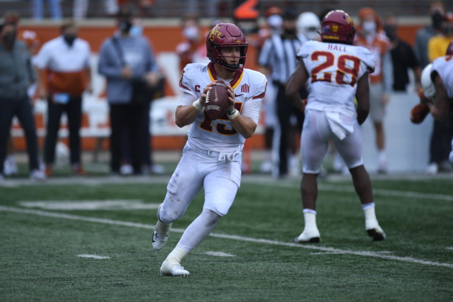 Iowa State quarterback Brock Purdy moves out of the pocket looking to pass against the University of Texas on Nov. 27. Purdy finished with 312 passing yards and one touchdown.