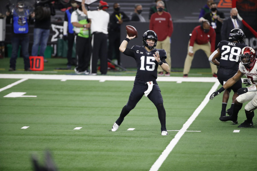 Brock Purdy (No. 15) of the Iowa State Cyclones passes during the first half of the 2020 Dr. Pepper Big 12 Championship at AT&T Stadium in Arlington, Texas.