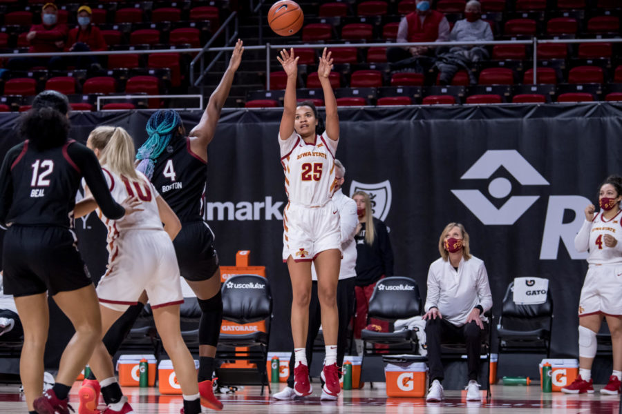 Iowa+State+forward+Kristen+Scott+shoots+the+ball+against+No.+1+South+Carolina+on+Sunday+in+Hilton+Coliseum.+Scott+and+the+Cyclones+lost+83-65.