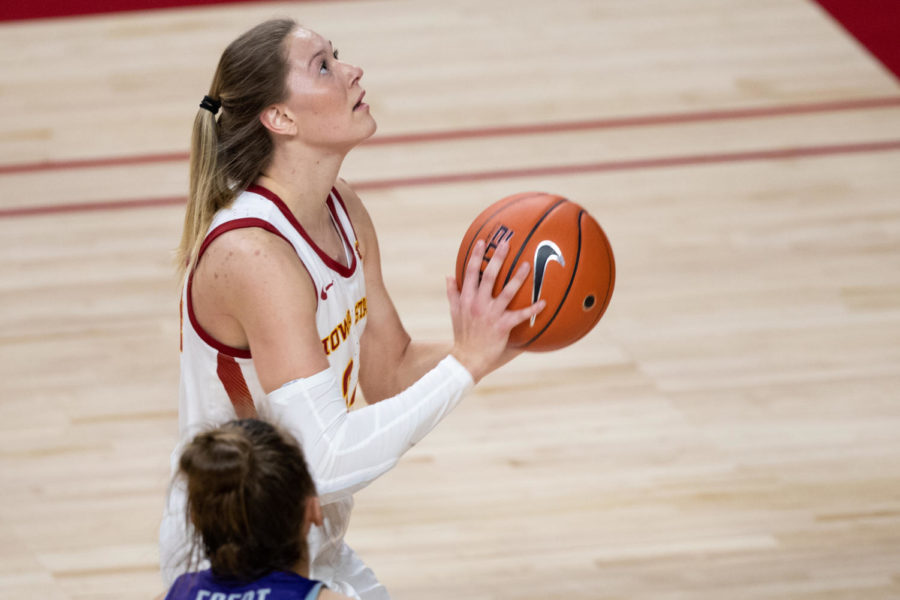 Iowa State junior Ashley Joens looks up at the basket Dec. 18 against Kansas State at Hilton Coliseum. Joens scored 25 points in a 91-69 win over the Wildcats.