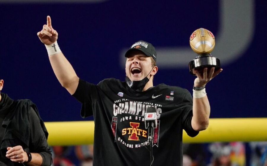Iowa State quarterback Brock Purdy celebrates after being named 2020 Fiesta Bowl Offensive Player of the Game. (Photo courtesy of PlayStation Fiesta Bowl/Slingshot Photography)