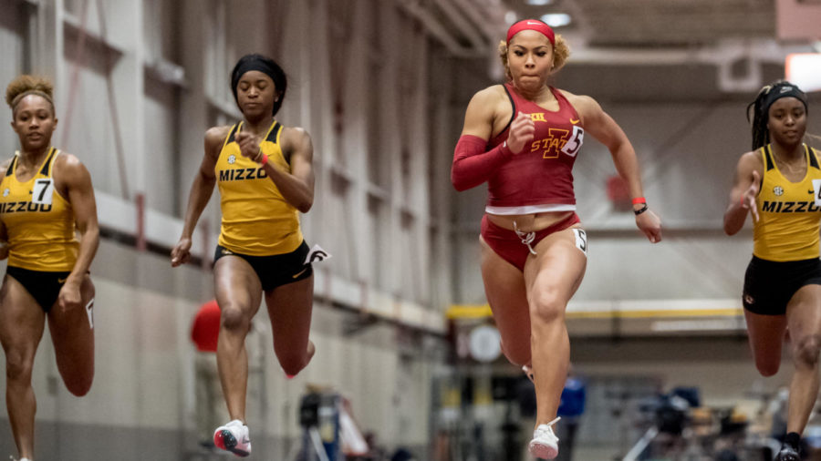 Iowa State sophomore Tatiana Aholou runs in the 60 meter dash the Cyclone Invite on Jan 23 in Lied Recreation Athletic Center. Aholou won the event for the Cyclones. (Photo courtesy of LUKE LU/Iowa State Athletics)