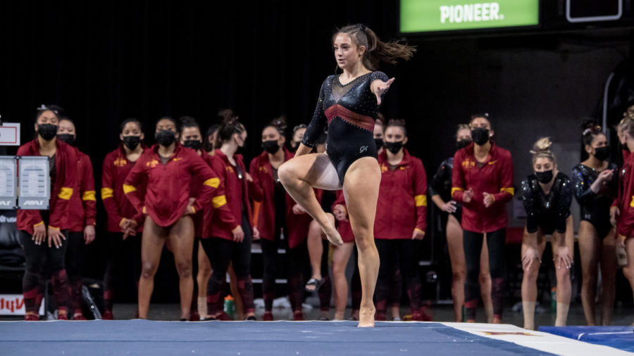 Iowa State gymnast Maddie Diab performs in the floor exercise in a meet against Denver on Jan 15. (Photo courtesy of LUKE LU/Iowa State Athletics)