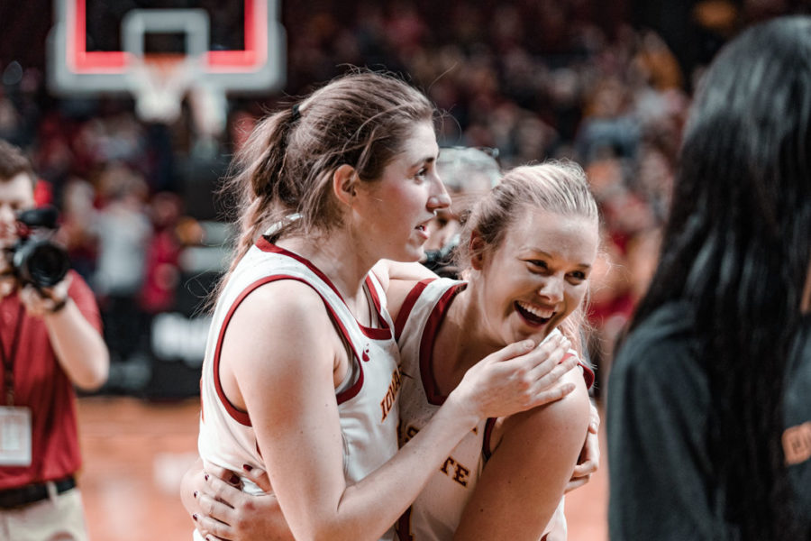 Iowa State redshirt freshman Morgan Kane and junior Madison Wise celebrate after defeating No. 2 Baylor 57-56 on March 8. Iowa State snapped Baylors 58 Big 12 game-winning streak. 