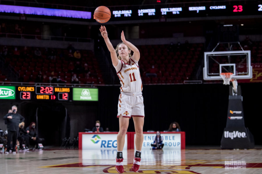 Iowa State freshman Emily Ryan shoots a 3-pointer against Drake University on Dec. 22 at Hilton Coliseum. Ryan led the team with 20 points in a 85-67 win.