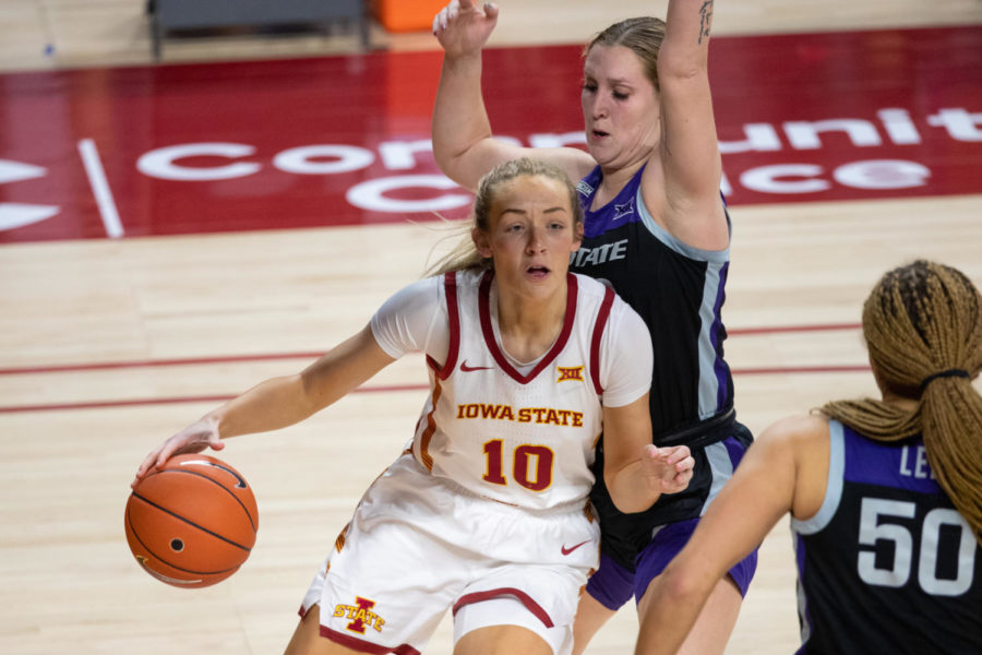 Iowa State freshman Kylie Feuerbach fights for position down low against Kansas State on Dec 18 in Hilton Coliseum. 