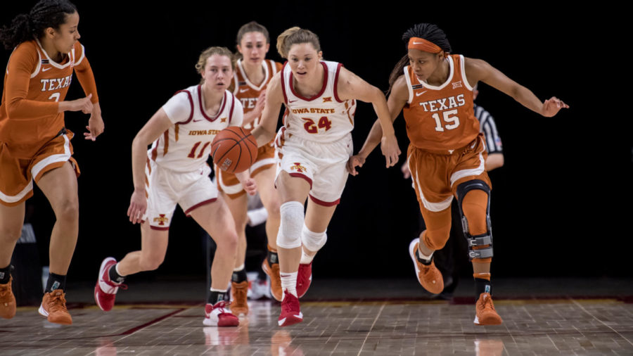 Ashley Joens moves up the court with the ball against the Texas Longhorns on Jan. 23 at Hilton Coliseum.