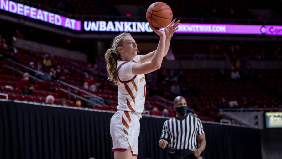 Emily Ryan shoots the ball against Drake University on Dec 22 in Hilton Coliseum. Ryan led the Cyclones with 20 points in a 85-67 win.