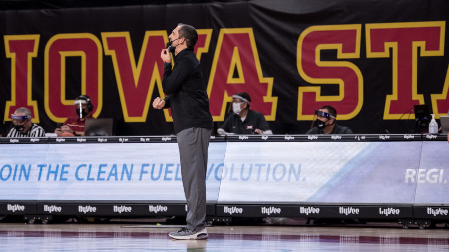 Iowa State mens basketball head coach Steve Prohm yells to the Cyclones on Jan 9 in Hilton Coliseum. Iowa State lost 91-64. (Photo courtesy of LUKE LU/Iowa State Athletics)