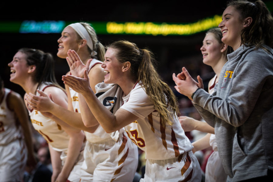 Members of the Iowa State Team cheer on their teamates during the Iowa State vs Texas Tech Womens basketball Game Jan. 29 in Hilton Coliseum. The Cyclones defeated the Red Raiders 105 to 66.