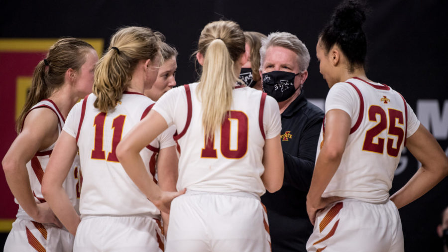 Iowa State womens basketball Head Coach Bill Fennelly talks to the Cyclones during a timeout against then-No. 9 Baylor on Jan. 31 at Hilton Coliseum.