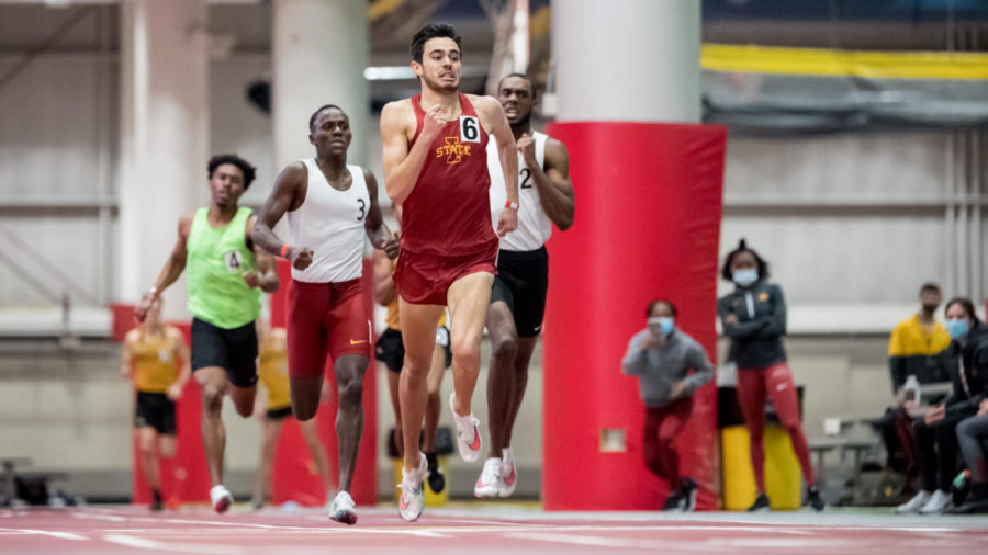 Jason Gomez competes in the mens 800-meter run at the Cyclone Invite on Jan. 23 inside Lied Recreation Athletic Center. Gomez won the event with a time of 1:47.02, good for second-best time in program history.