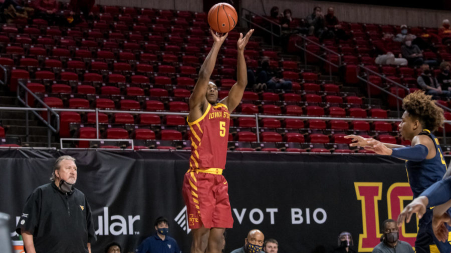 Jalen+Coleman-Lands+shoots+a+3-pointer+against+No.17+West+Virginia+on+Feb.+2+in+Hilton+Coliseum.+Iowa+State+lost+76-72.+%28Photo+courtesy+of+LUKE+LU%2FIowa+State+Athletics%29
