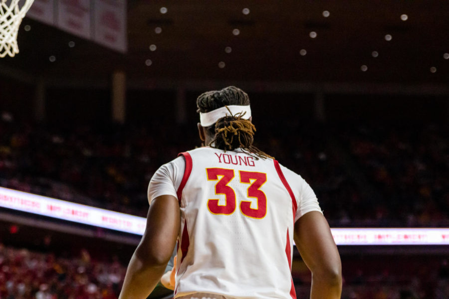 Solomon Young stands below the basket in Iowa States 67-53 loss to No.1 Baylor on Jan. 29, 2020.