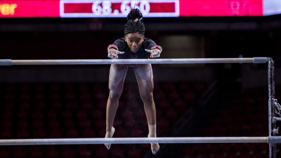 Iowa State gymnast Makayla Maxwell performs on the uneven bars in a meet against Denver on Jan 15 in Hilton Coliseum. (Photo courtesy of LUKE LU/Iowa State Athletics)