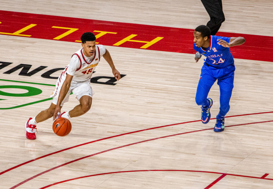 Iowa State guard Rasir Bolton drives the hoop against Kansas. Bolton came away with 13 points in the loss Saturday.