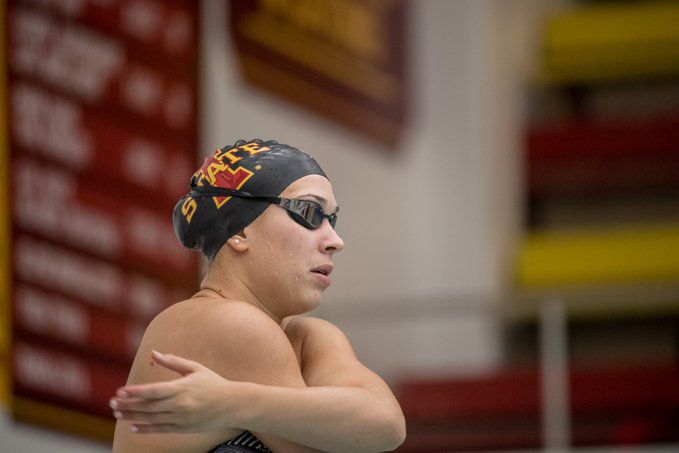 Freshman+Nolwenn+Nunes+gets+ready+for+a+race+for+the+Iowa+State+Swim+and+Dive+team.