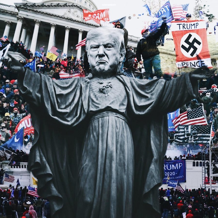 Columnist Olivia Rasmussen compares traditional cult characteristics to the behavior of Donald Trump and certain members of his following.Digital collage designed by Olivia Rasmussen through the use of Creative Commons imagery.